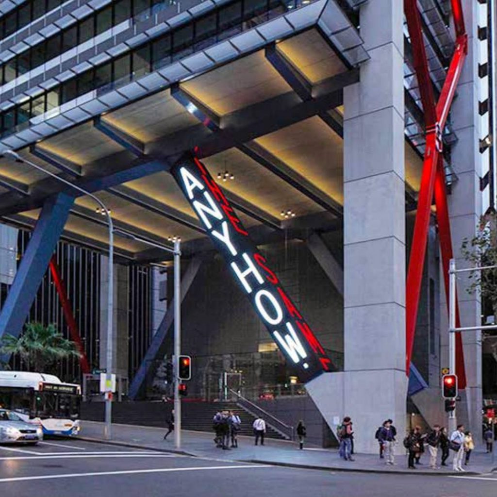 “I'll STAY (Ngaya ngalawa)” at 8 Chifley Square, Sydney. The entrancing artwork pays homage to the history and culture of Aboriginal Australians and Torres Straight Islanders, featuring writings from their poems, stories, songs, and other texts. The writings are animated on the LED display fitted to one of the building’s soaring diagonal steel columns.